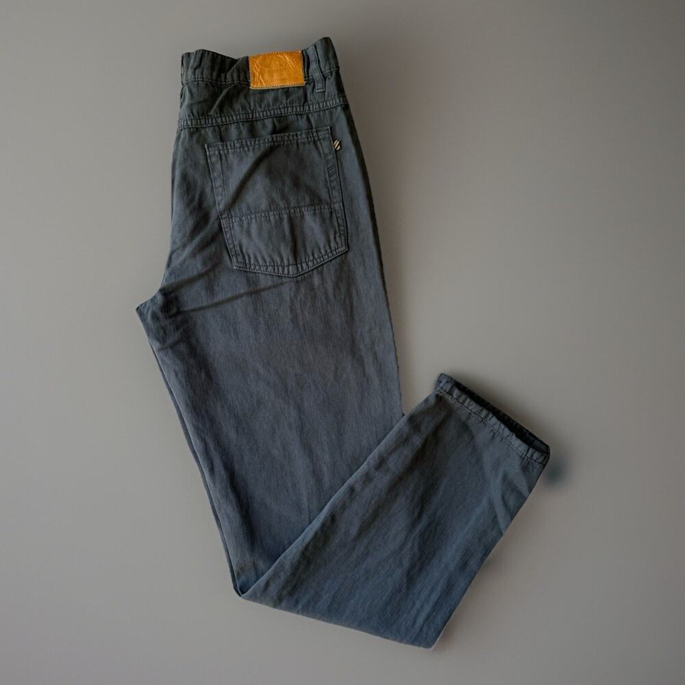Billy Reid Men's Gray Chinos with Tan Leather Waist Patch
